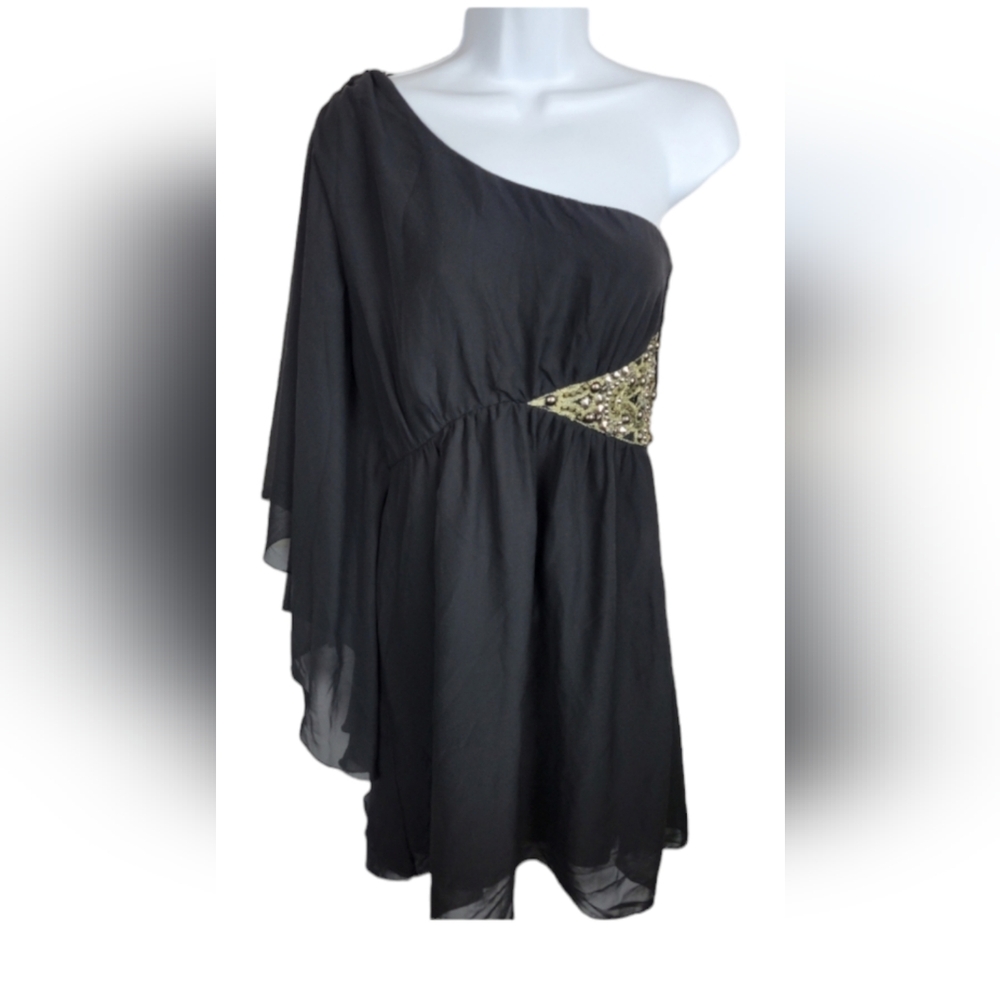 Love Regan Women One Shoulder mini black silver  dress size 7 embellished